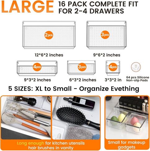 Criusia 26 Pack Large Clear Plastic Drawer Organizer Bins -Heavy Duty Acrylic Kitchen Drawer Organizers and Storage for Utensils -Bathroom Drawer Organizer Trays for Makeup Office Organization in Kuwait