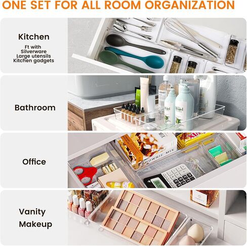 Criusia 26 Pack Large Clear Plastic Drawer Organizer Bins -Heavy Duty Acrylic Kitchen Drawer Organizers and Storage for Utensils -Bathroom Drawer Organizer Trays for Makeup Office Organization in Kuwait