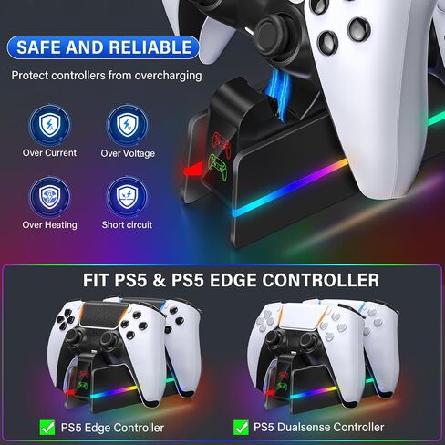 PS5-Controller-Charger-Station, PS5 Charging Station for PS5 Dualsense/Edge Controller with 9 RGB Color Light, Fast PS5 Charging Dock & Controller Holder Stand for PS5/Slim/Pro Controller in Saudi Arabia