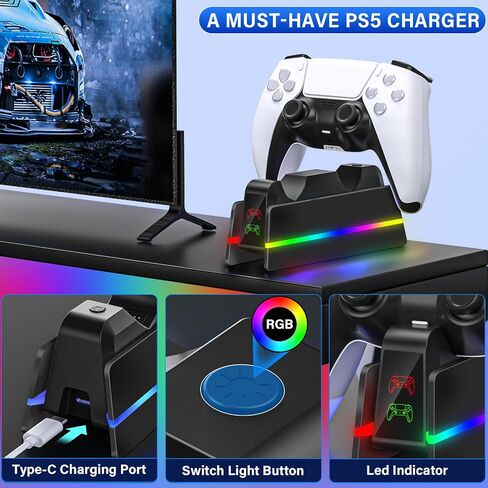 PS5-Controller-Charger-Station, PS5 Charging Station for PS5 Dualsense/Edge Controller with 9 RGB Color Light, Fast PS5 Charging Dock & Controller Holder Stand for PS5/Slim/Pro Controller in Saudi Arabia