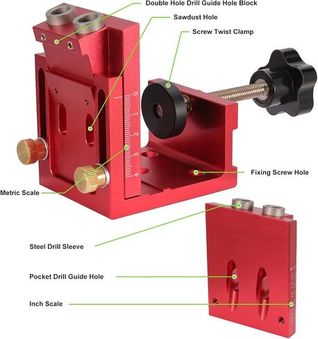 Pocket Hole Jig Tool Kit for Carpentry with Guide Hole Block with Adjustable Hole Pitch, Removable Pocket Hole Drill Guide Jig Set for 15° Angled Holes, Portable Pocket Hole Screw Clamp System, Metric in Saudi Arabia