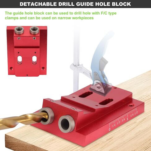 Pocket Hole Jig Tool Kit for Carpentry with Guide Hole Block with Adjustable Hole Pitch, Removable Pocket Hole Drill Guide Jig Set for 15° Angled Holes, Portable Pocket Hole Screw Clamp System, Metric in Saudi Arabia