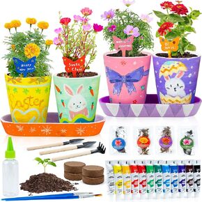 RGBDOT Kids Gardening Set Paint and Plant Stoneware Flower Gardening Kit with 4 Pots Arts and Crafts for Kids Ages 8-12 Best Easter Gifts for Girls Boys Ages 5 6 7 8 9 10