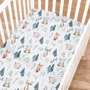 Christmas Woodland Animals Fitted Baby Crib Sheet for Boy Girl 52"x28" Winter Deer Bear Pine Trees Red Plaids Soft Breathable Crib Mattress Cover Baby Bed Sheets for Standard Crib Toddler Mattress