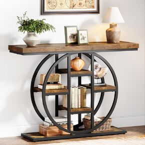 41" Console Table, 4-Tier Entryway Table with Circle Base, Industrial Narrow Wood Sofa Accent Tables with Storage Shelves for Living Room, Hallway, Foyer, Rustic Brown