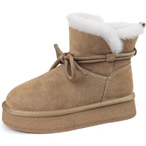 Womens Snow Boots Genuine Suede Faux Fur Lining Warm Lace Up Walking Boots Anti-Slip Cozy Outdoor Ankle Boots