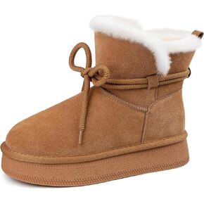 أحذية الثلوج النسائية جلد الغزال الأصلي فو الفراء بطانة دافئة الدانتيل يصل أحذية المشي المضادة للانزلاق مريحة في الهواء الطلق حذاء من الجلد in Kuwait