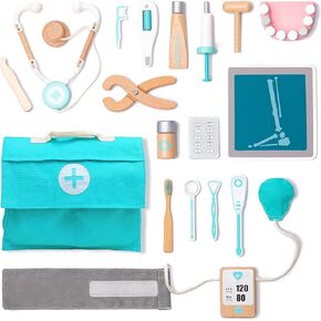 umu Doctor Kit for Kids, Pretend Toy 18 PCS Wooden Doctor Playset for Toddlers, Montessori Toys Dentist Kit for 3, 4 and 5 Year Old Boys and Girls