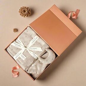 MakeMake Organics GOTS Certified Organic Cotton Baby Boys Girls Hand-Pointelle Knitted Baby Blanket with Moon Shape Lovey for Babies Gift Set - Beige, 30"x40"