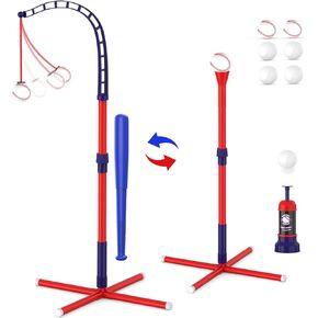 EagleStone 4-in-1 T Ball Set for Kids 3-5/5-8, Tee Ball Stand, Hanging Tee, Ball Launcher, and Golf, Tball Set with 6 Softballs, Baseball Outdoor Sports Toys for 2 3 4 5 6 Year Old Boys and Girls.