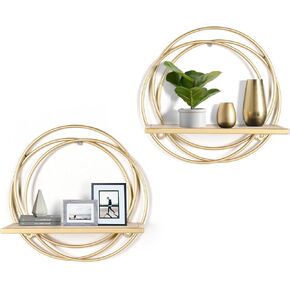 Oakrain Small Floating Shelves Set of 2, Wall Mounted Hanging Shelf with Gold Metal and Wood, Round Wall Shelves for Storage, Living Room Decor, Bathroom, Kitchen, Bedroom, Office