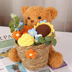 Crochet Flower Basket, Handmade Knitted Rose Sunflower Puff Flower with Cute Bear Rattan Basket for Home Office Decor Birthday Mother's Day Valentine's Day Gift (Pink)