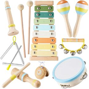 Baby Musical Instruments - Neutral Colors Percussion Instruments Set, Montessori Wooden Music Toys for Toddlers with Modern Boho Xylophone for Kids Preschool Educational with Storage Bag
