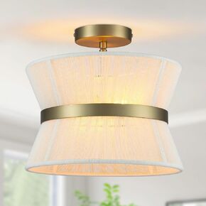 Gold Drum Chandelier, 15.35" Modern Dining Room Light Fixture, 4-Light White Pendant Lighting, Hanging Lights for Kitchen Island Foyer Entryway, Hand Woven Lampshade with Adjustable Chain