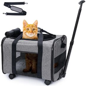 Cat Dog Carrier with Wheels for Small Dogs, Soft Sided Pet Travel Carrier with Telescopic Handle and Shoulder Strap (Black-1)