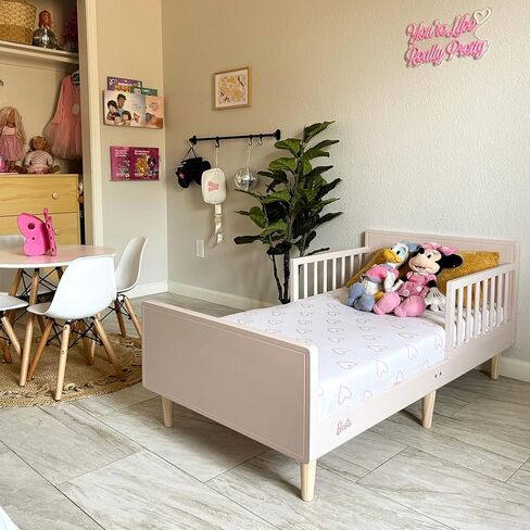 Evolur Barbie Los Altos Toddler Bed in Blush Pink, JPMA Certified, with Two Wooden Safety Side Rails & Low to Floor Design in Kuwait
