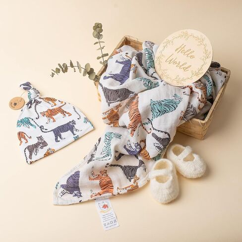 Miaoberry Organic Muslin Swaddle Set with Matching Beanie n Birth Announcement Card, Solitude, Winter Forest, Pine Tree in Kuwait