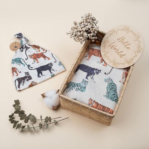 Miaoberry Organic Muslin Swaddle Set with Matching Beanie n Birth Announcement Card, Solitude, Winter Forest, Pine Tree in Kuwait