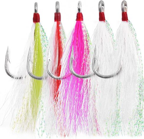 Bucktail Teaser Fishing Hooks,5pcs Saltwater Flounder Rig Stainless Steel Fishing Jig Hooks Bucktail Mylar Flash Teasers Inserted for Striper Catfish Cod Flounder Hi/Lo Rig in Saudi Arabia