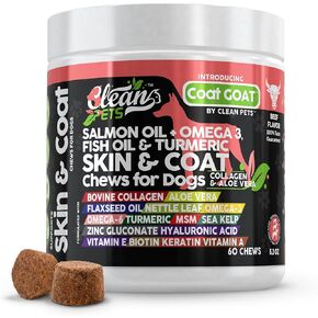 Salmon Oil Omega 3 Fish Oil for Dogs Skin and Coat Supplement | Dog Collagen Aloe Vera Biotin Keratin Flaxseed Nettle Leaf Sea Kelp Hyaluronic Acid Brewers Yeast Vitamin A -Coat Goat by Clean Pets