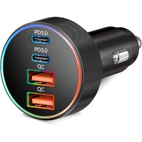 Car Charger USB C, 90W 4-Port Dual USB-C & USB-A Multiple Port Cigarette Lighter Adapter 12V Plug Car Accessories PD/QC Fast Charging for iPhone 16/15/14/13/12, iPad, MacBook, Samsung, Android Phone