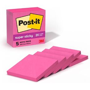 Post-it Super Sticky Notes, 5 Sticky Note Pads, 3 x 3 in., School Supplies, Office Products, Sticky Notes for Vertical Surfaces, Monitors, Walls and Windows,Power Pink