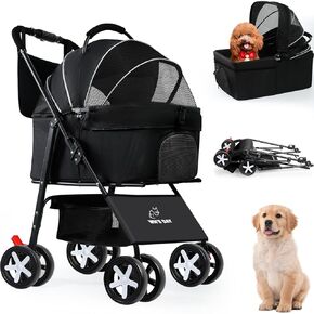 3 in 1 Pet Dog Stroller for Small Medium Dogs 10-50 lbs, Foldable Cat Strollers for 2 Cats with Removable Carrier, Pet Stroller for Cats with Storage Bag, Small Dog Puppy Stroller, Dog Cart (Black)