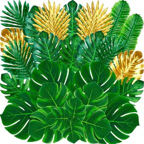 120Pcs Artificial Tropical Palm Leaves Safari Jungle Leaf with Stems for Luau, Hawaiian, Jungle Party Decor & Home Accents, Wedding Decor(9 Types)