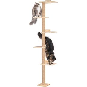 Floor to Ceiling Cat Tree Wall Mounted, Tall & Sturdy Cat Tower for Large Cats, Cat Wall Shelves with Scratching Post and 2 Comfortable Mats for Cats Climb, Scratch and Lookout