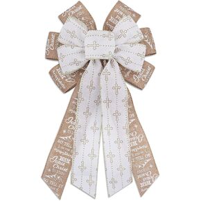Threetols Easter Wreath Bows, Beige White Buffalo Plaid Bows for Wreath Easter Cross Christ Decorative Bows for Front White Jesus God Words Ornaments Hanging Wreath Bow for Indoor Outdoor Decor