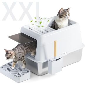 Stainless Steel Cat Litter Box with Lid, XXL Extra Large Metal Litter Box, Enclosed Litter Box for Big Cats, Anti-Stick, No Smell, Easy to Clean Litter Box with Foot Pedal/Litter Scoop(Black)