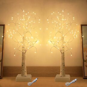 2FT Birch Tree with LED Lights for Easter Decorations, Battery Operated/USB Powered Lighted Birch Tree, 2 Pack Warm White Artificial Lighted Tree for Indoor Table Fireplace Decoration, 6H/18H Timer
