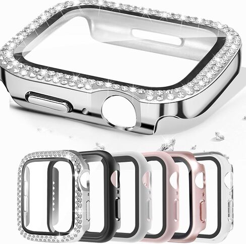 6 Packs Case Compatible with Apple Watch 9 8 7 Series 45mm, with 9H Tempered Glass Screen Protector, Bling Double Glitter Diamond Rhinestone Face Cover,Ultra-Thin Hard PC Bumper Tough Protective Cover in Saudi Arabia
