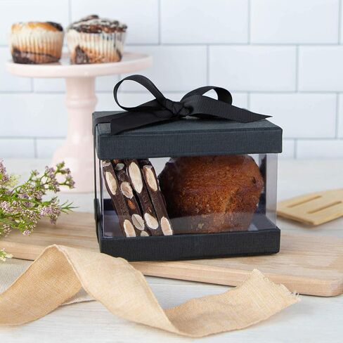 Hammont Individual Cupcake Boxes 6 Count – Clear Plastic Gift Boxes with Clear Window and Lid – Small Cookie Box with Ribbon & Bow - Baby Shower Party Favors, Groomsmen Proposal Box - Maroon 4x4x4 in Kuwait