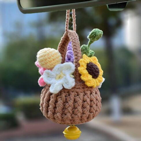 Bohemia Car Plant Crochet Hanging Basket Hanging Plant for Car Decor Car Accessories Cute Potted Plants Crochet Car Ornament Rear View Mirror Accessories Car Ornament for Friends Female in Saudi Arabia