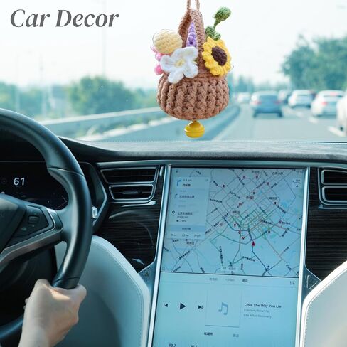 Bohemia Car Plant Crochet Hanging Basket Hanging Plant for Car Decor Car Accessories Cute Potted Plants Crochet Car Ornament Rear View Mirror Accessories Car Ornament for Friends Female in Saudi Arabia