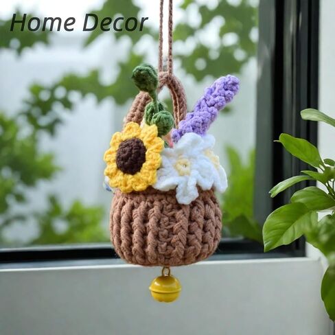 Bohemia Car Plant Crochet Hanging Basket Hanging Plant for Car Decor Car Accessories Cute Potted Plants Crochet Car Ornament Rear View Mirror Accessories Car Ornament for Friends Female in Saudi Arabia