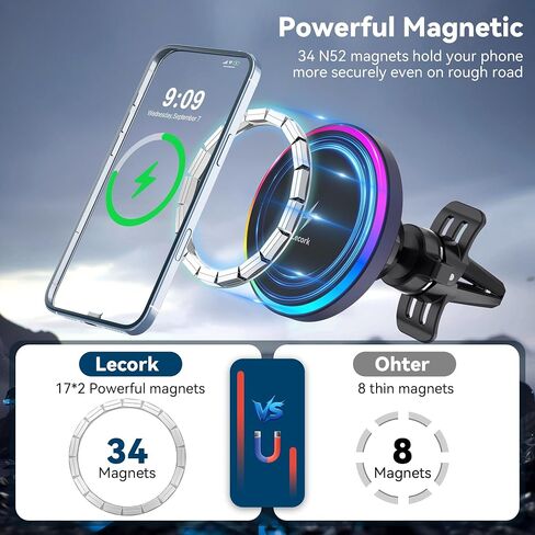 لشاحن حامل السيارة Magsafe، شاحن سيارة لاسلكي مغناطيسي بقدرة 15 وات لهواتف iPhone، شاحن حامل سيارة Magsafe Air Vent لهاتف iPhone 16 Pro Max/16/15/14 13 12، تصميم LED RGB in Kuwait