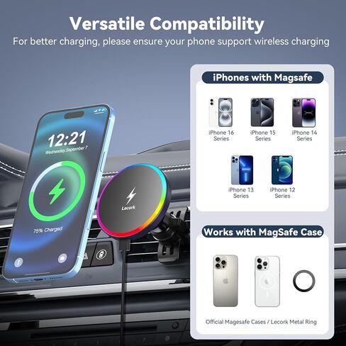 لشاحن حامل السيارة Magsafe، شاحن سيارة لاسلكي مغناطيسي بقدرة 15 وات لهواتف iPhone، شاحن حامل سيارة Magsafe Air Vent لهاتف iPhone 16 Pro Max/16/15/14 13 12، تصميم LED RGB in Kuwait