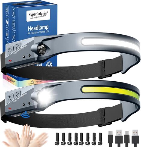 (3-Pack) Headlamp Rechargeable, LED Waterproof Headlight for Adults, 230° Headband Light Forehead, Motion Sensor, USB Head lamp Band, 350 Lumen Super Bright, 5 Modes, Comfortable for Running,Fishing in Saudi Arabia