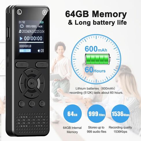 مسجل صوت رقمي سعة 32 جيجابايت مع تشغيل - جهاز تسجيل صوتي قابل لإعادة الشحن عبر USB للمحاضرات، جهاز تسجيل شريط صغير مطور، تسجيل صوتي نشط، وصوت عالي الدقة in Saudi Arabia