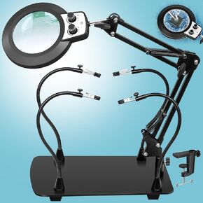 10X Magnifying Glass with Light and Stand, Any Color Modes Stepless Dimming LED Magnifying Lamp, 4-in-1 Soldering Helping Hands, Flexible Gooseneck Magnifier with Light for Jewelry Repair Craft