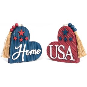 Valery Madelyn 4th of July Table Decorations, 2 Pcs Wooden Patriotic Tiered Tray Labor Day Decor Heart Centerpieces, 6 Inch Large Red White Blue Americana Home USA Sign for Home Independence Day