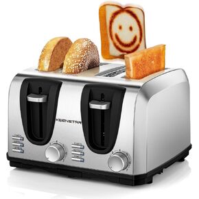 Toaster 4 Slice, Keenstar Extra-Wide Slot Toaster with Dual Control Panels of Bagel/Defrost/Cancel Function, 7 Toasting Bread Shade Settings, Removable Crumb Trays, Auto Pop-Up, Stainless Steel