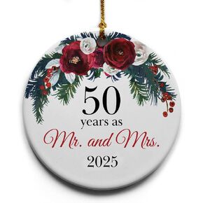 50 Years as Mr. and Mrs. Ceramic Christmas Tree Ornament Collectible Holiday Keepsake 2.875" Round Ornament in Decorative Gift Box with Bow- Perfect 50th Wedding