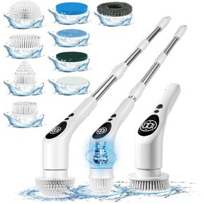 Electric Spin Scrubber for Cleaning Voice Prompt Power Shower Cleaner Brush with 9 Replaceable Brush Heads LCD Display Long Handle Bathroom Scrubber Floor Brush