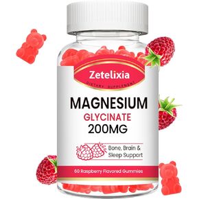 Magnesium Glycinate Gummies 200mg, High Absorption Magnesium Glycinate Supplements for Relaxation, Sugar Free Chews for Adults & Kids, Raspberry Flavor, 60 Count