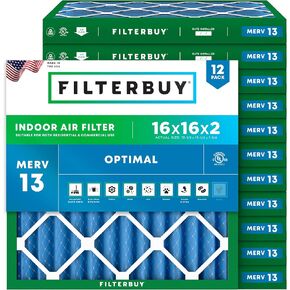 Filterbuy 16x16x2 Air Filter MERV 13 Optimal Defense (12-Pack), Pleated HVAC AC Furnace Air Filters Replacement (Actual Size: 15.50 x 15.50 x 1.75 Inches)
