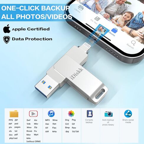 【App-le Certified 1T B】 iDiskk Photo Storage iPhone Flash Drive Photo Stick for iPhone (14/13/12/11 Pro/Plus/Pro Max,13/12 Mini,XR,XS,XS Max,X),Lightning iPad, MacBook/PC External USB Storage in Kuwait