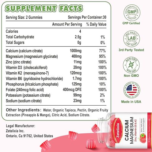 Calcium Gummies for Women Men, Calcium Magnesium Zinc with Vitamin D3 & K2, Calcium Magnesium Supplement for Bones Muscles and Joints, Pineapple & Mango Flavor - 120 Count in Kuwait